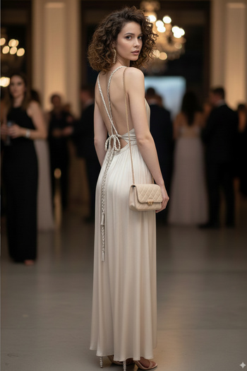 FASHION COCKTAIL Helen Knitted Back Tie Shiny Soft Satin Slit Bohemian Summer Long Hellenistic Evening Dress