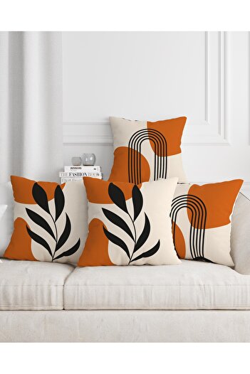 Hayal Dekoratif Bohemian Boho Themed Orange Cream Color Digital Printed Gift Set of 4 Throw Pillow Pillowcases