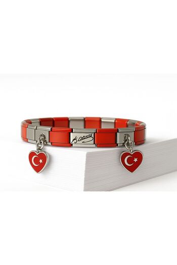 SEO JEWELRY Italian Charm Bracelet with Turkish Flag and Mustafa Kemal Ataturk Signature with Heart