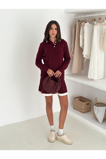 Brantu Long Sleeve Knitted Patterned Polo Neck Women's Burgundy Knitwear Skirt Set