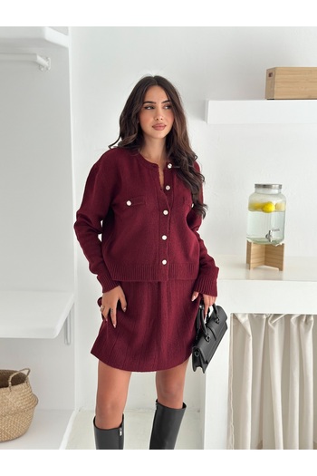 Brantu Pearl Buttoned Long Sleeve Women's Burgundy Knitwear Skirt Suit with Pockets