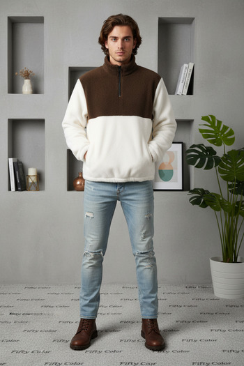 Fifty Color Ανδρικό, Oversize, Μισό φερμουάρ, Λούτρινο, Χρώμα ιδρώτα-λευκό/καφέ
