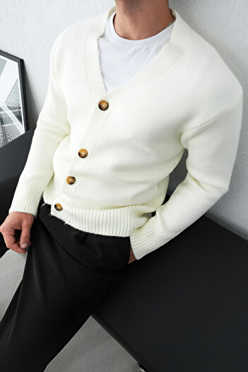 İLKCET MODA Men's Ecru Oversize Premium Knit Cardigan