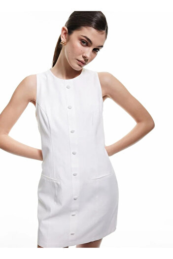 Koton Buttoned Sleeveless Round Neck Double Pocket Cotton-Viscose Mini Dress