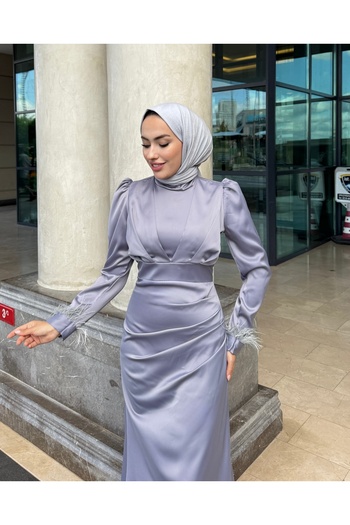 modasusev Satin Hijab Evening Dress with Tassels Sleeves and Train