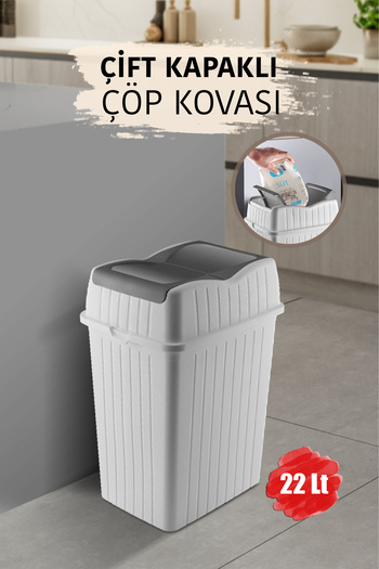 MYBOX 22 L - Double Lid Slim Trash Can - Decorative Home Office Bathroom Kitchen Organizer Waste Bin White