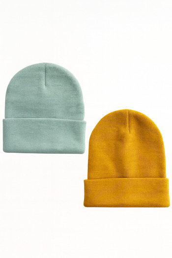 Funny Life Unisex Folded Turquoise and Mustard 2-Piece Beanie Set