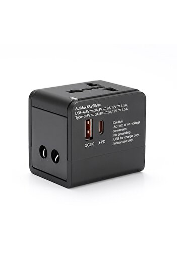 OEM Universal Travel Adapter 3-in-1, USB-C + USB-A QC 3.0, Compatible UK/EU/US/AUS, 105g, Black