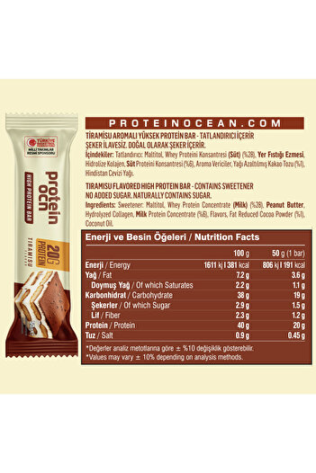Proteinocean Protein Bar - Tiramisu Aromalı - 50g X 8 Adet