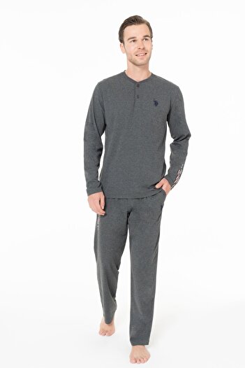 U.S. Polo Assn. U.S. Polo Assn. 18959 Men's Long Sleeve Three Button Collar Pajama Set-Anthracite Melange