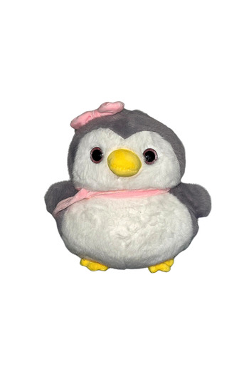 OEM PLUSH PENGUIN, gray and pink, 20 cm, with bow and backpack