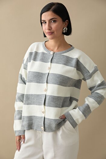 InStyle Gray Knitwear Cardigan - Gold Buttoned and Striped