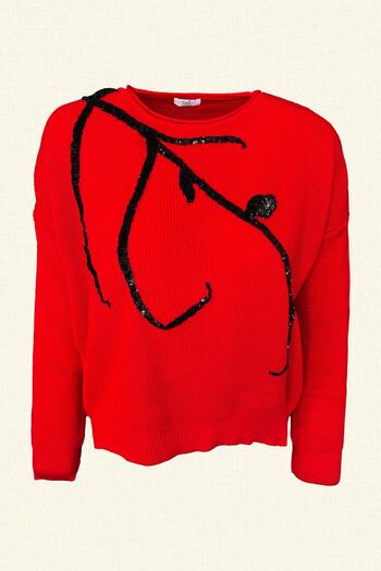 GZ Design Red Oversize Knitwear Sweater with Black Branch Embroidery