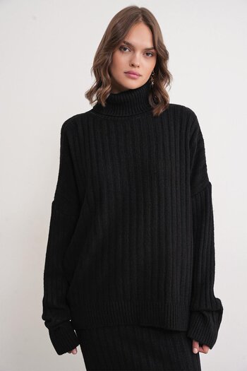 Mixray 6928 Model Ribbed Turtleneck Black Knitwear Women's Sweater