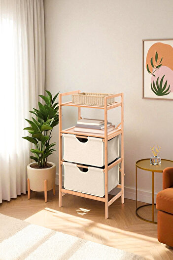 Digithome Bambu 2 Raflı 2 Çekmeceli Banyo Düzenleyici Çekmeceli Dolap Komodin DB-0045