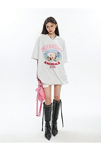 Flaubert - Greenge Printed Cotton Oversize T-Shirt Large Size