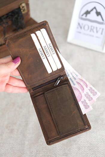 Norvi Leather Genuine Leather Wallet with Coin Compartment Bitter Brown 1032