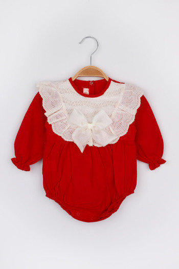 Le Mabelle Red Scallop Collar Linen Baby Girl Romper - Tallis