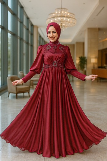 Neva Style Beaded Burgundy Hijab Evening Dress 22101Br