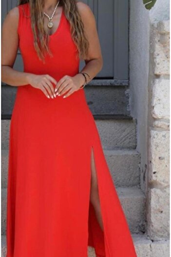 anizmir Women's Strappy V-Neck Slit Viscose Dress