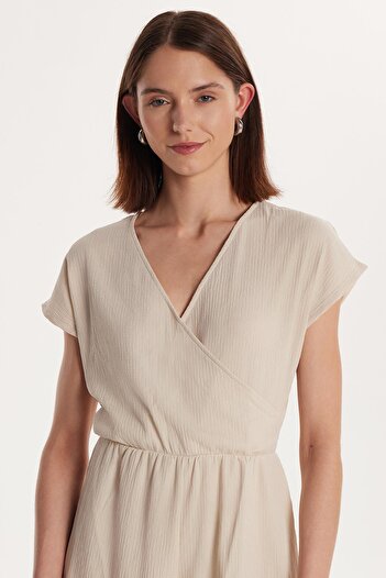 Tudors Women's Regular Fit Short Sleeve V-Neck Stone Color Jumpsuit