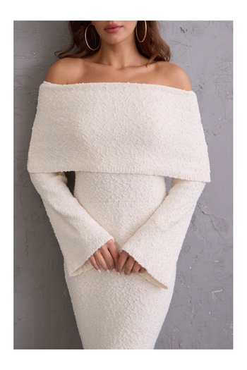 Elif Özbey Butik Ecru Madonna Collar Textured Knitwear Dress