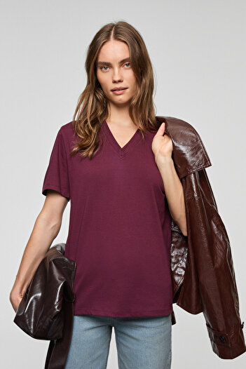 GRIMELANGE Aline Women's 100% Organic Cotton Deep V-Neck Comfort Fit Burgundy T-Shirt