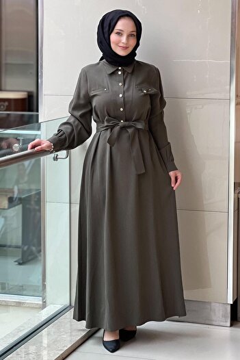 Nuss Six Studs Shirt Collar Belted Dress