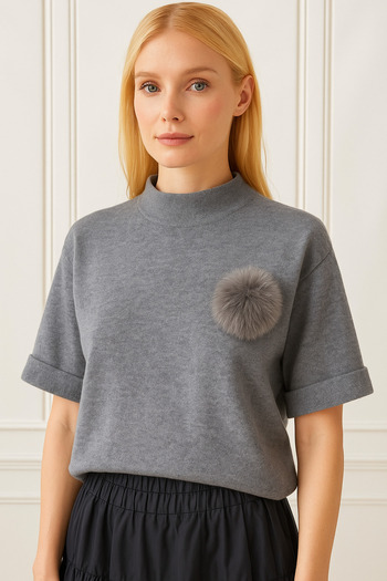 Hürrem Aldinç Imported Knitwear Sweater with Pompon Detail – Standard Size, Gray