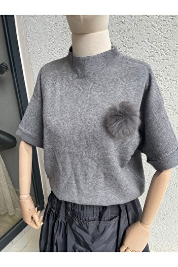 Hürrem Aldinç Imported Knitwear Sweater with Pompon Detail – Standard Size, Gray