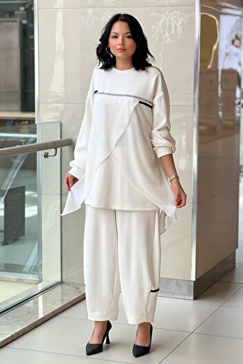 Ghisa Breast Stripe Stone Chiffon Detailed Tunic Trousers Set