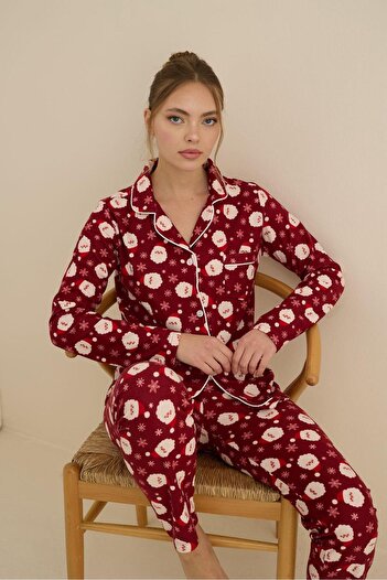 Mutlu City Kadın Soft Kumaş Düğmeli Gömlek Yaka Yüksek Kalite Yılbaşı Pijama Takımı 3026