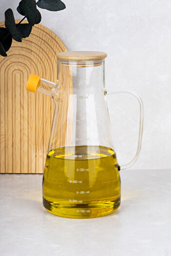 DNS HOME 1 Piece Bamboo Vacuum Lid Borosilicate Glass Oil Container Vinegar Container Masterchef Oil Pot 900 ml