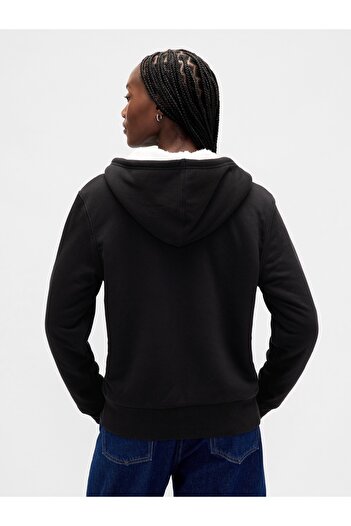 GAP Kadın Siyah Relaxed Logo Sherpa-Astarlı Fermuarlı Sweatshirt