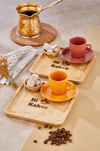 EMBazaar 2-Person 4-Piece Square Bamboo Presentation Plate and Bamboo Turkish Delight Holder Set/Bamboo Bi Coffee Presentation Set