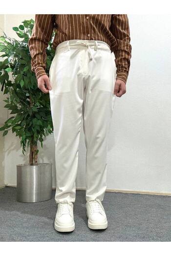 Arvens Men's White High Waist Pleated Fabric Trousers Modern Button Stylish and Suitable for Daily Wear