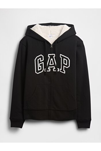 GAP Kadın Siyah Relaxed Logo Sherpa-Astarlı Fermuarlı Sweatshirt