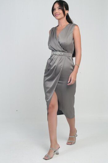 By Saygı Women's Double Breasted Collar Front Pleated Crepe Satin Dress with Belt