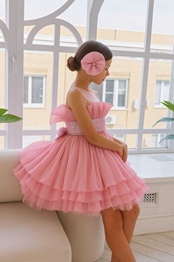 By Feyza Kids Collection By Feyza Kız Çocuk Pembe Kısa Payetli Abiye Toka Dahil Kat Kat Elbise 3-12 Yaş