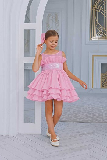 By Feyza Kids Collection By Feyza Kız Çocuk Pembe Kısa Payetli Abiye Toka Dahil Kat Kat Elbise 3-12 Yaş