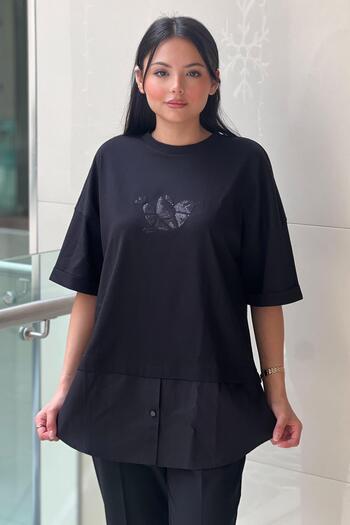 Ghisa Short Sleeve Cotton Tunic with Logo Sequin Embroidery on the Front