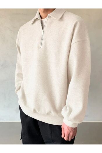 COMBİNE MİCHAİL Ανδρικό φούτερ Polo Neck Ecru - Μισό φερμουάρ