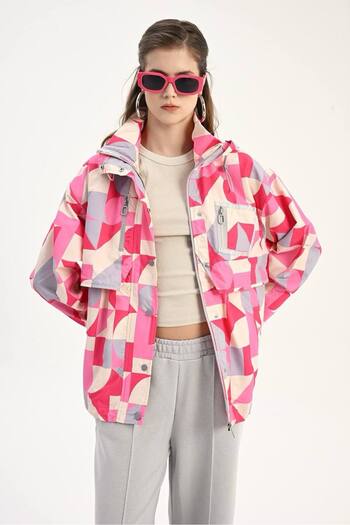 İLKCET MODA Geometric Patterned Oversize Women's Raincoat