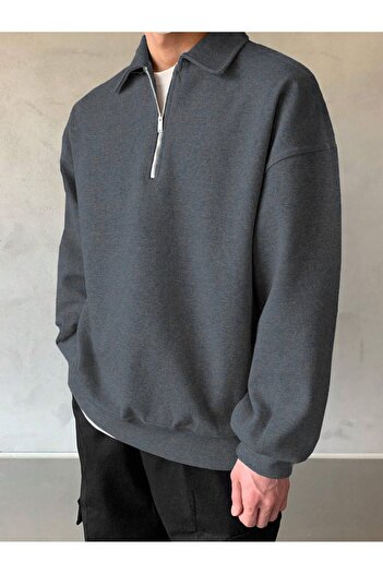 COMBİNE MİCHAİL Erkek Polo Yaka Yarım Fermuarlı Sweatshirt FÜME