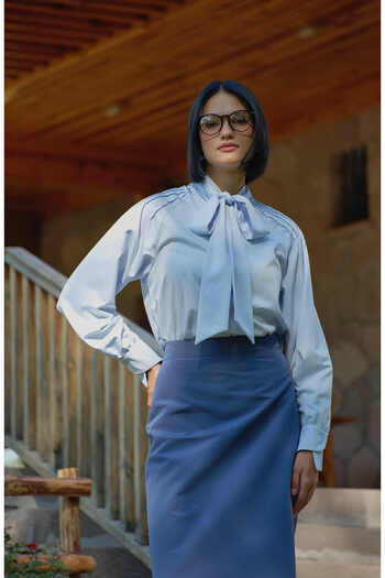 Fatma Atasoy Cămașă Midi Baby Blue cu fundă