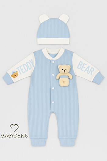 BABYDEN'S Teddy Bear Themed Newborn Ribbed Jumpsuit Set Teddy Bear Baby Boy Jumpsuit Hat Set 100% Cotton