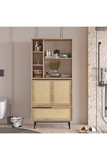 Yurupa Bohem Banyo Dolabı Çok Amaçlı Dolap 3 Kapaklı Metal Ayaklı Uv Baskı Sepet-jüt BOH9C-SU