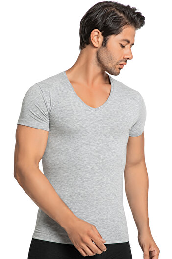 TOLIN Short Sleeve V-Neck Men's Gray Melange Cotton Lycra Undershirt 3177g