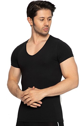 TOLIN Short Sleeve V-Neck Men's Black Cotton Lycra Undershirt 3177s
