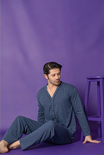 Sude HOMEWEAR Ανδρικό Σετ Πιτζάμες με υφασμάτινο ζέρσεϊ με μακρυμάνικο μπλέ βενζίνη
